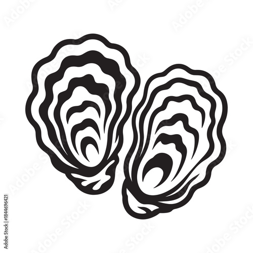 A striking black and white illustration showcases two open oyster shells revealing their pearly interiors and textured layered formations