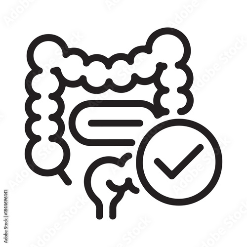 a simplified line drawing depicts a healthy intestinal tract with a checkmark symbolizing optimal digestive system function and wellness