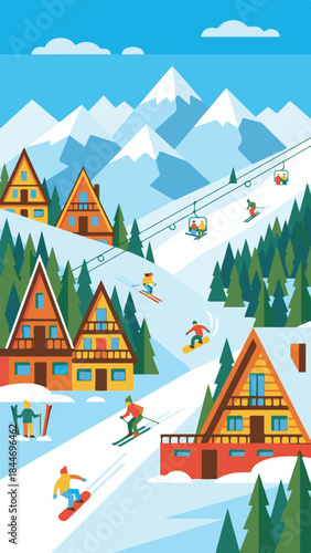 Flat design winter ski resort scene with skiers and snowboarders