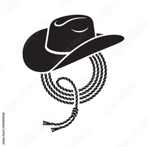 a black and white illustration depicting a classic cowboy hat paired with a coiled lasso rope a symbol of the wild west