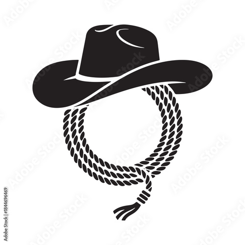 A striking black silhouette depicts a classic cowboy hat paired with a coiled lasso evoking imagery of the american west and ranch life