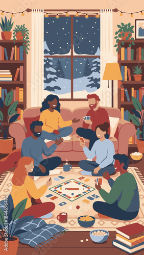 Friends playing board and card games in a cozy winter living room