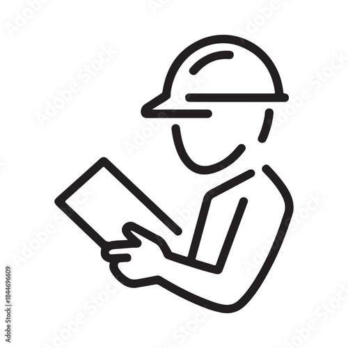 A simple line drawing depicts a construction worker wearing a helmet intently reviewing plans on a digital tablet device