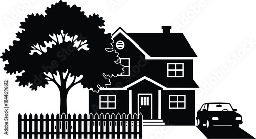 Silhouette of a house with a tree and car on a transparent background