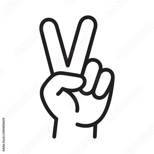 A simple black and white line drawing depicts a hand making the universally recognized peace sign or victory gesture with two fingers raised