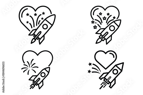 heart fireworks rocket outline icon set for graphic designs. Icons vector design