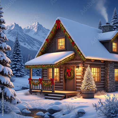 Wallpaper Mural Cozy Snowy Log Cabin with Christmas Decorations Torontodigital.ca