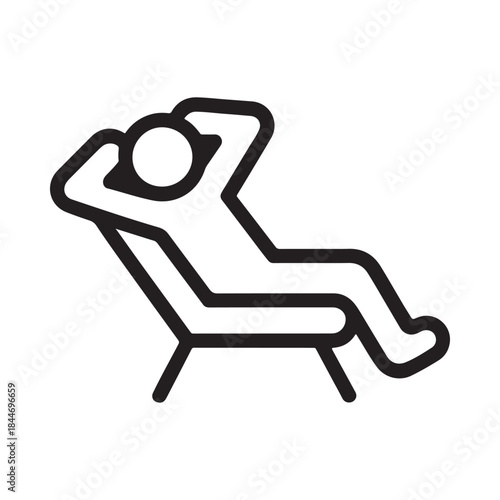 A simple black and white line drawing depicts a person relaxing in a lounge chair head tilted back enjoying leisure time
