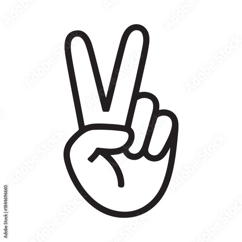 A simple black and white line drawing depicts a hand making the peace sign with two fingers raised upwards representing harmony