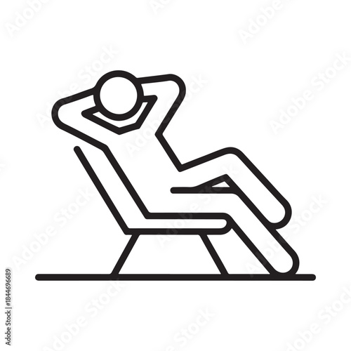 A simple black and white line drawing depicts a person relaxing on a lounge chair conveying leisure and summertime downtime