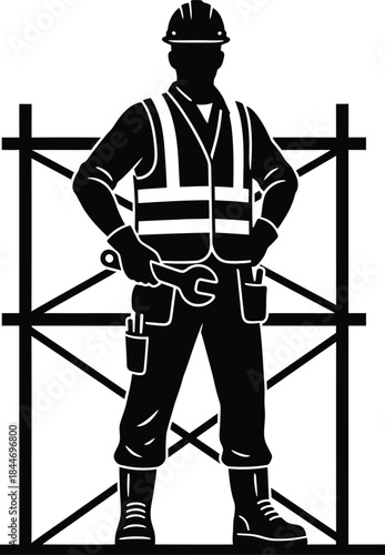 Confident construction worker on scaffolding with tools