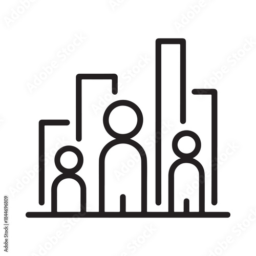 A simple black and white line drawing depicts a group of people standing near a stylized cityscape background illustrating community or demographics