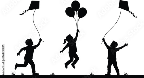 Children playing with kites and balloons on a sunny day