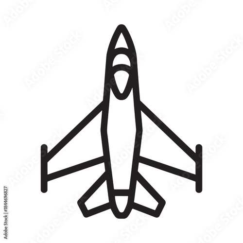 A simple black and white line drawing depicts a top down view of a fighter jet with outstretched wings and a pointed nose