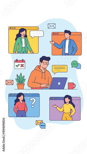 Diverse people communicating and collaborating online in virtual space