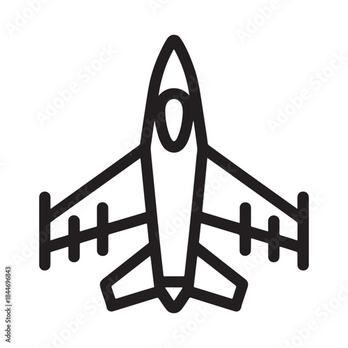 A simple black and white line art depiction of a fighter jet seen from directly above showcasing its wings and fuselage
