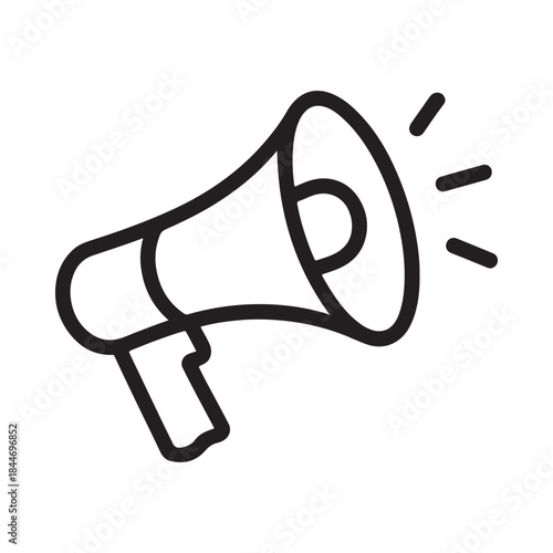 A simple black and white line drawing depicts a vintage megaphone commonly used for amplifying voices or announcements isolated on a white background