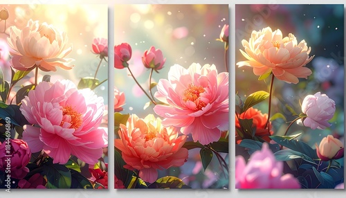 Wallpaper Mural Triptych of beautiful, soft pink peonies in vibrant sunlight Torontodigital.ca