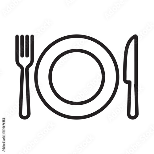 A simple black and white illustration depicts a classic place setting with a fork plate and knife suggesting dining or restaurant imagery