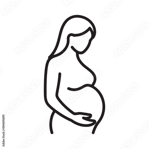 A simple black and white line drawing depicts a pregnant woman in profile gently cradling her visibly rounded abdomen with one hand