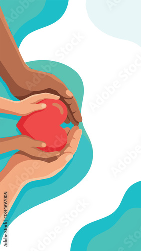 Diverse hands holding a red heart, symbolizing unity, care and compassion