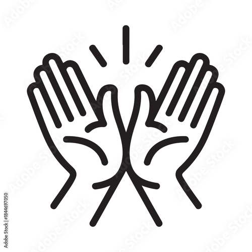 A simple black and white line drawing depicts two hands clapping together showcasing a gesture of applause and positive reinforcement
