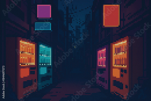 halftone Vending Machine in Neon Alley, Halftone Urban Atmosphere digital art