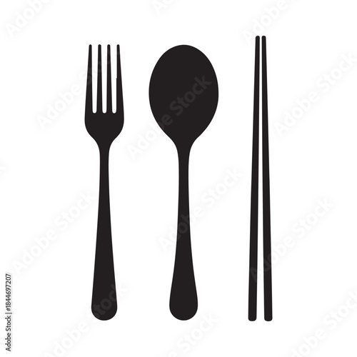 A simple black and white illustration depicting a fork spoon and pair of chopsticks arranged horizontally in a line
