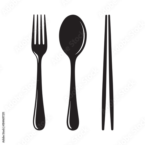 A simple black and white illustration showcases a fork spoon and chopsticks aligned horizontally representing dining and culinary concepts