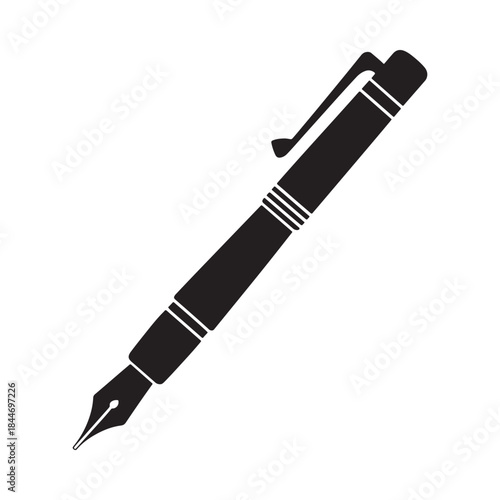 A simple black and white illustration depicts a classic fountain pen showcasing its sleek design and intricate nib detail on a plain background