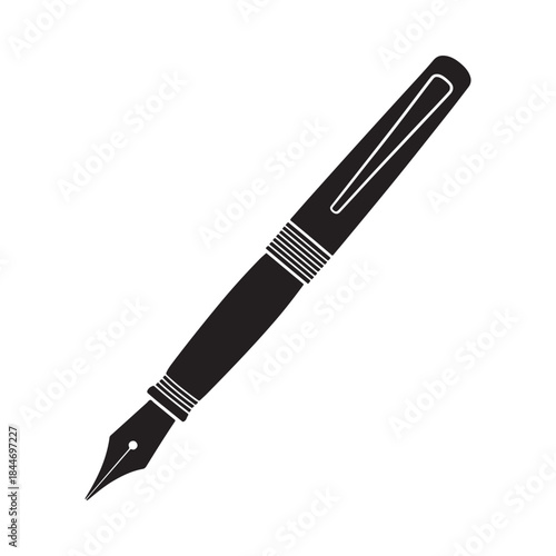 A simple black and white illustration depicts a classic fountain pen angled slightly showcasing its nib and sleek design in a minimalist style