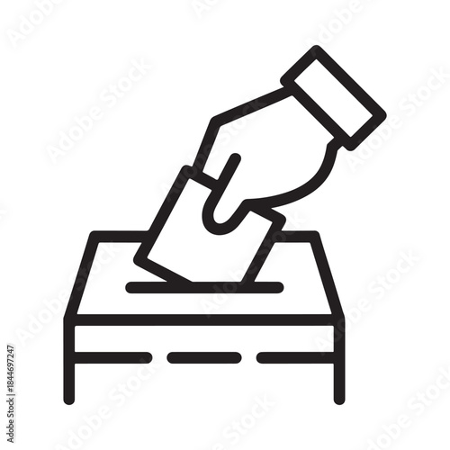 A simple black and white line drawing depicts a hand inserting a paper ballot into a ballot box symbolizing the democratic process of voting