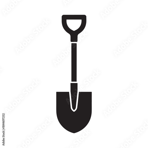 Simple black and white illustration of a garden spade a common tool used for digging and moving soil presented in a minimalist style