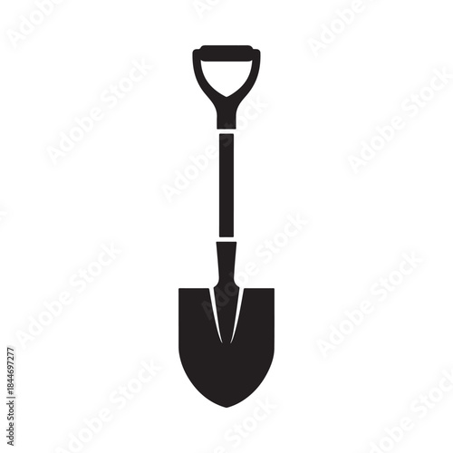 A simple black and white illustration depicts a garden spade a common tool used for digging and cultivating soil in landscaping