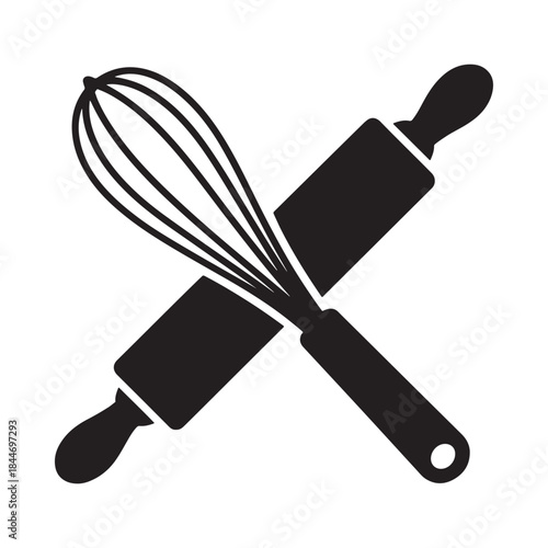 a simple black and white illustration depicting a whisk and a rolling pin crossed over each other representing baking tools