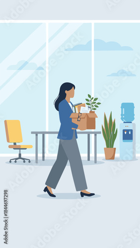 Businesswoman carrying box of personal items, signifying job departure