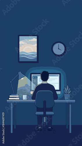 Dedicated man focused on his work late at night in a home office setting