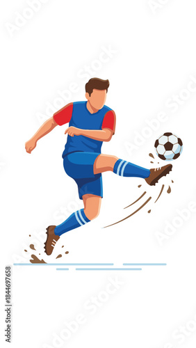 Cartoon illustration of a soccer player kicking the ball with muddy splash