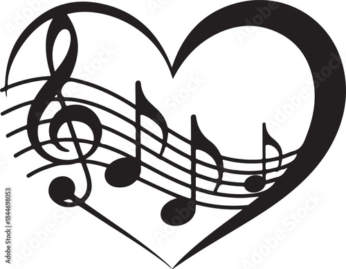 Vector isolated black heart with music with notes. Isolated on transparent background
