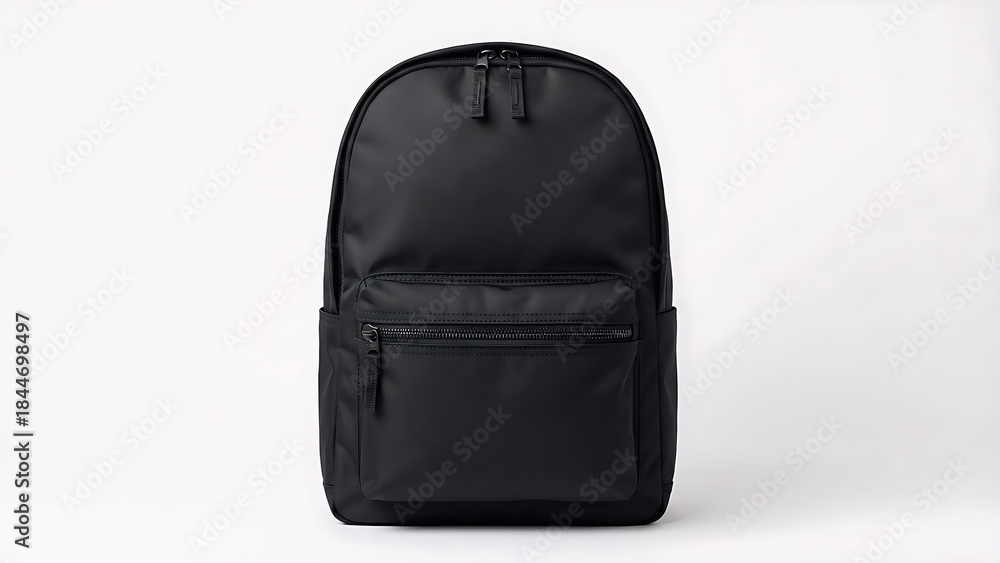 Naklejka premium Modern black minimalist backpack isolated on white background with front pocket and zipper for school or travel
