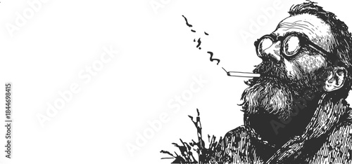 Man with a cigarette, detailed beard, and glasses. Black and white vector illustration showcasing artistic elements in a stylized portrait.