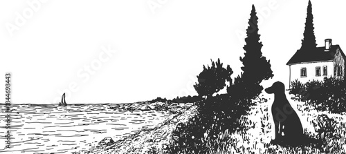 Dog silhouette near the sea with a house and trees in a black and white landscape. Simple vector illustration of a peaceful outdoor set.