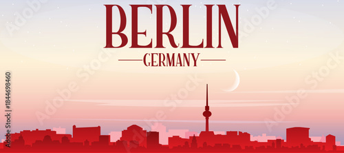 Red panoramic poster of the city skyline with misty background buildings, sunrise, moon and clouds of BERLIN, GERMANY