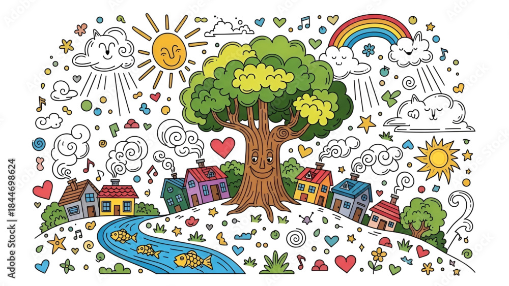 Obraz premium Whimsical village scene with rainbow and happy tree