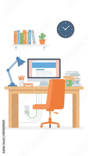 Modern Home Office Setup Illustration with Computer, Desk, Books, and Chair