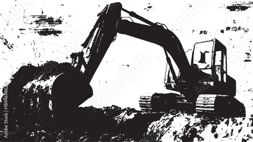 Excavator machinery illustration in black and white. Simple vector design of a construction vehicle for engineering and construction set.