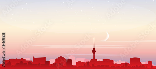 Red panoramic poster of the city skyline with misty background buildings, sunrise, moon and clouds of BERLIN, GERMANY