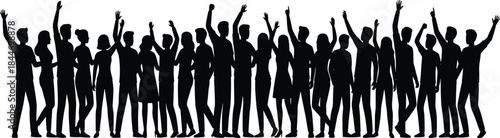 Cheering, crowd, silhouettes, people, celebration, unity, teamwork, success, happiness, freedom, diversity, community, audience, event, festival, party, energy, togetherness, joy, concept
