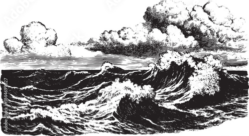 Ocean waves and clouds illustrated in black and white. This vintage vector illustration features detailed textures in a scenic seascape.
