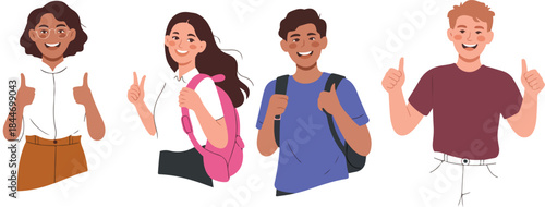 Back to School Concept – Cheerful Teenagers with Backpacks Giving Approval - student, thumbs up, happy, diverse, group, teenager, school, success, education, backpack, 